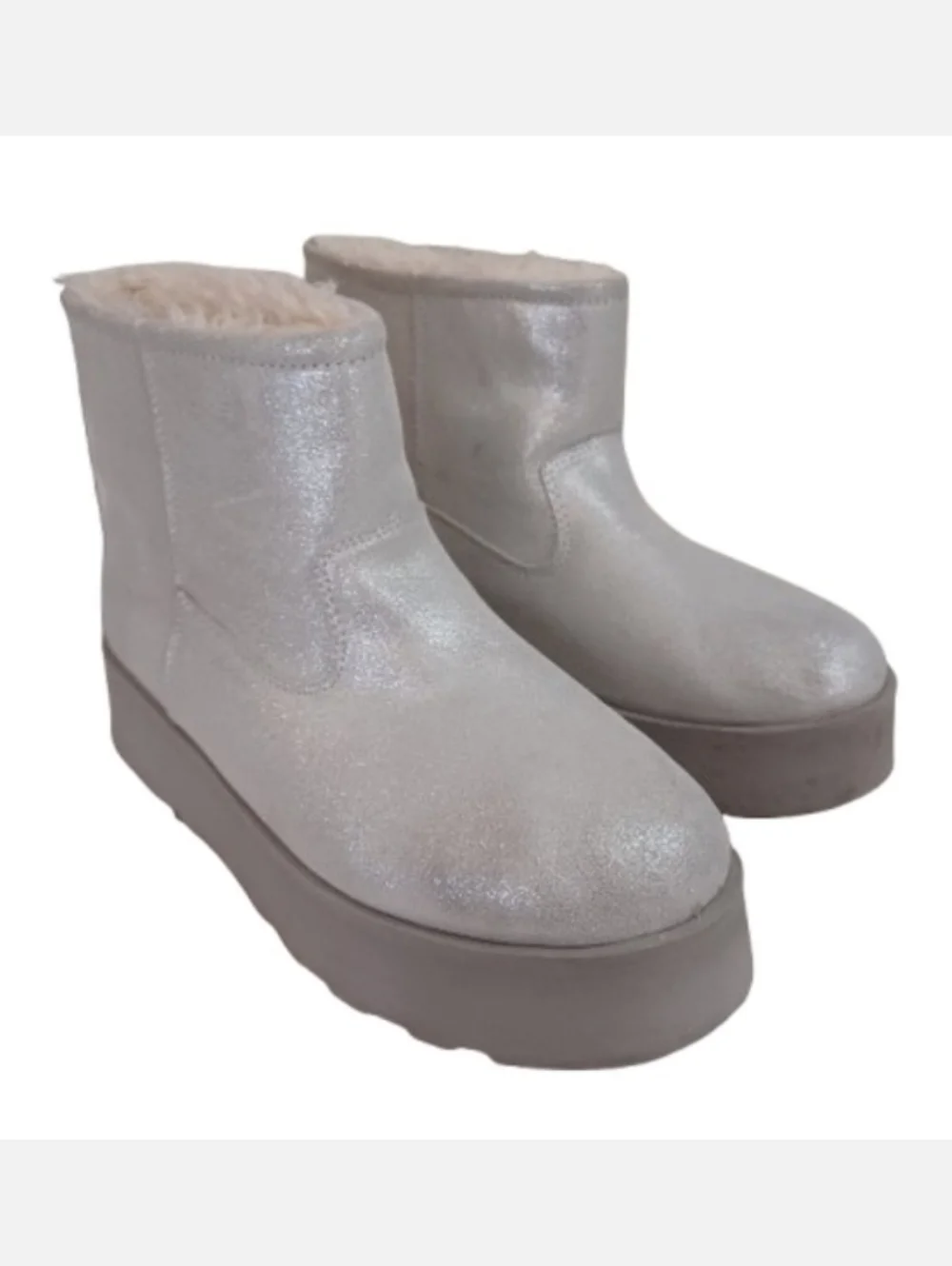 TIME AND TRU Leather Metallic Silver Sherpa Fuzzy Cozy Ankle Booties Shoes